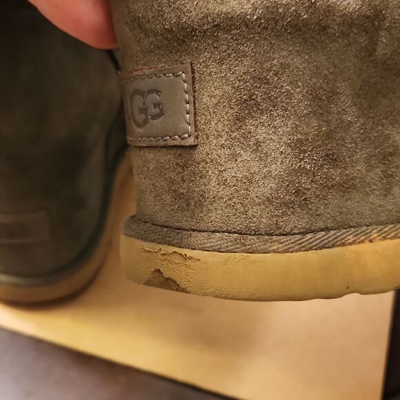 Ugg Australia Olive Green Wedge Heel Suede Ankle Boots w/ Gray Shearling Size 9 - Picture 7 of 12